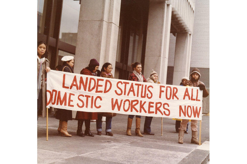 Members of INTERCEDE, the Coalition Against the Marcos Dictatorship, and the Ad Hoc Committee of Filipino Domestic Workers for Landed Status demonstrating outside the Ministry of Immigration in Toronto