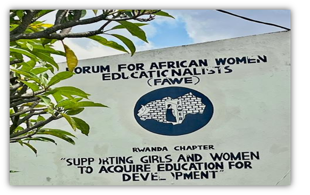 White banner with the following writings in blue : Forum for African Women Educationalists (FAWE)