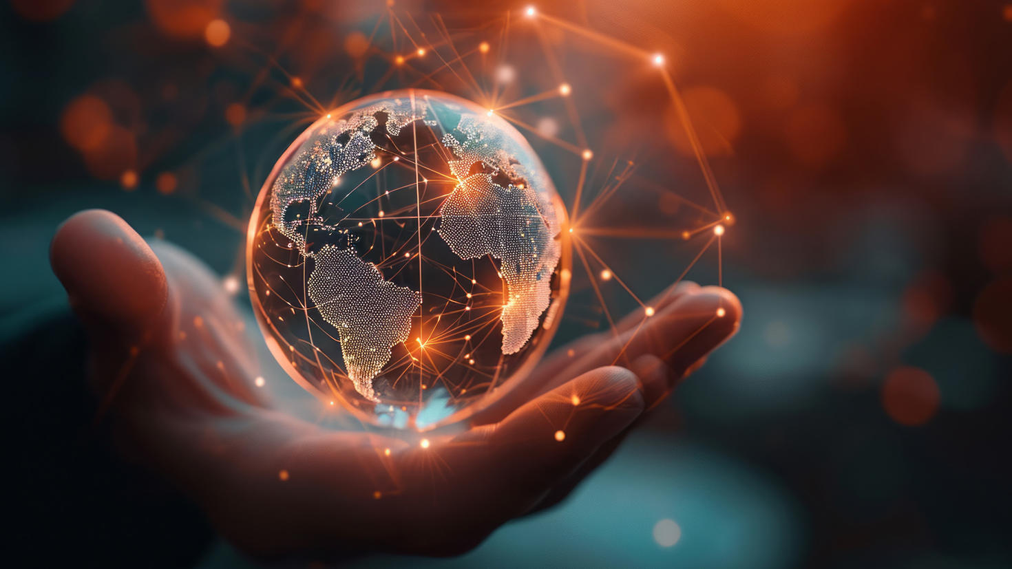 Handing holding globe with symbols of connection