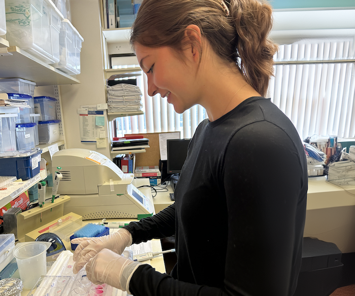 Une personne portant des gants en latex travaillant à une paillasse de laboratoire.