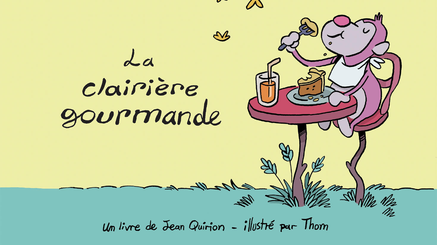 Frankiki, the pink character from the Zaventures des Petits-Zamours picture books, sitting outside at a table eating a slice of pie, with a beverage in front of him. Butterflies flutter above his head. 
