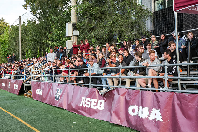 Fans watching a game from the stands.