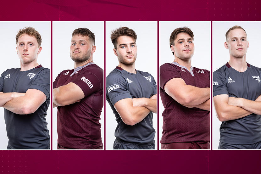 Five uOttawa Gee-Gees men's rugby players named to all-star teams last season pose proudly in uniform.