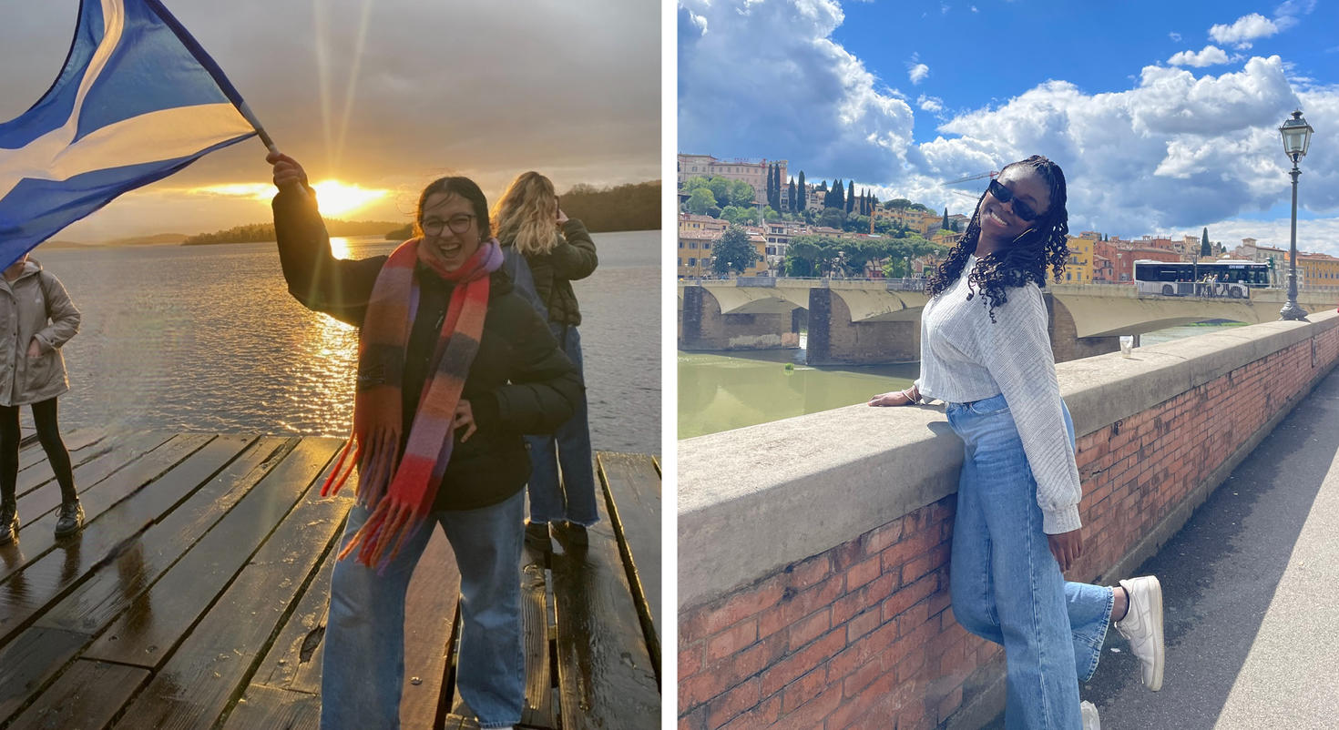 Emma Guzzo waves a Scottish flag. Roxane Akakpo poses by a wall in the French countryside.