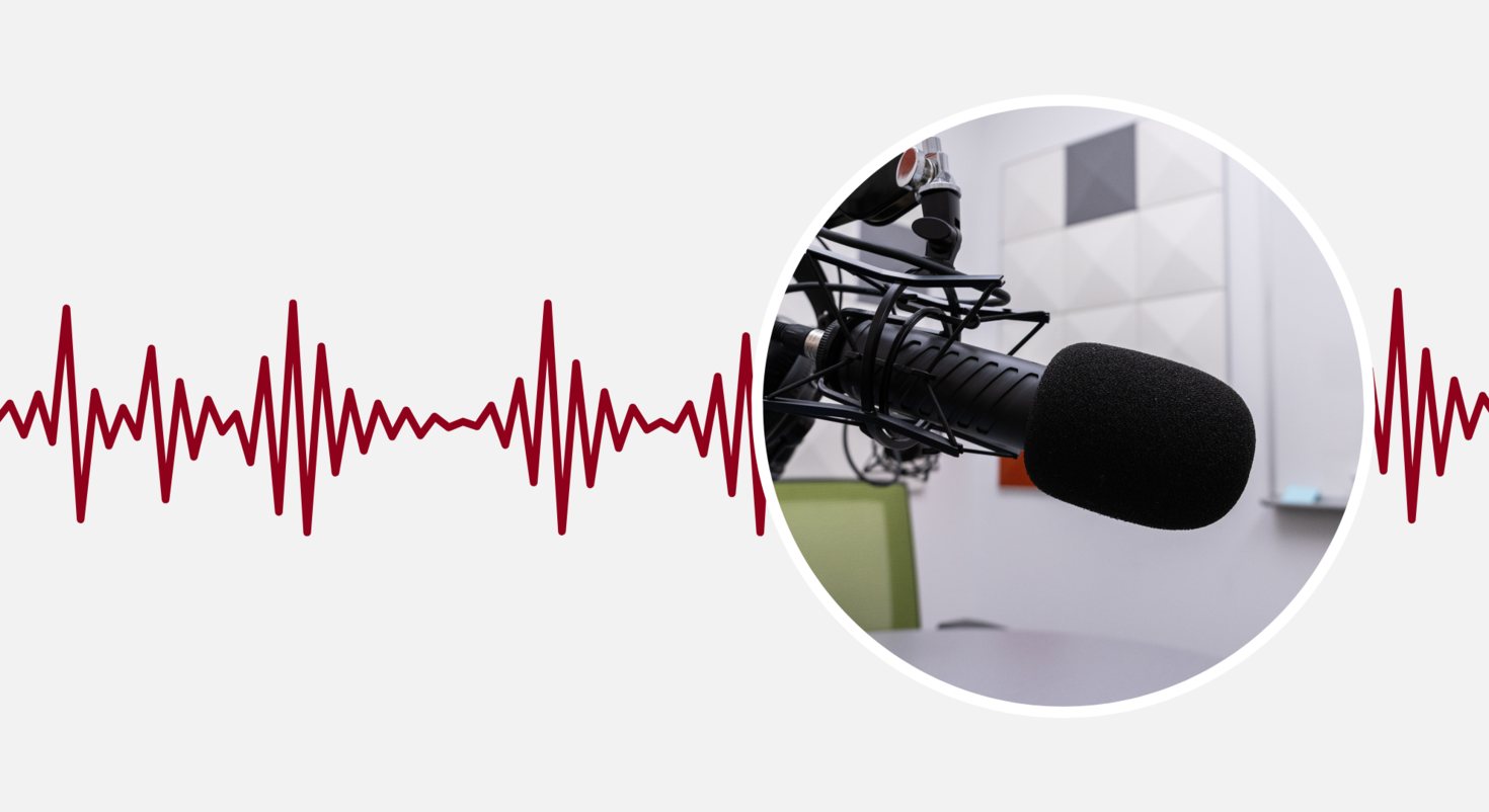 A close-up of a podcast microphone with a soundwave graphic in the background.