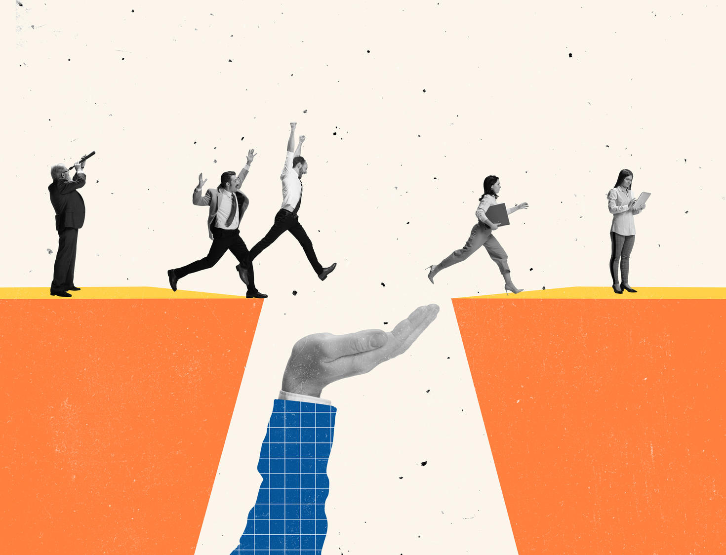 Contemporary collage climbing jumping over cliff symbolizing success. Concept of motivation, goal, professional growth, teamwork, support.