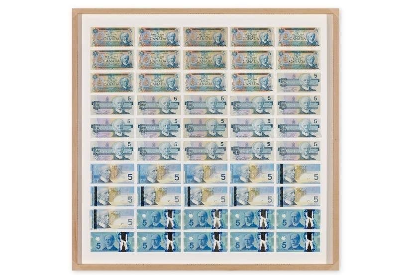 Artwork by Frank Shebageget titled Free Ride, 2022. A composition of vintage and recent Canadian five-dollar banknotes, framed in engraved maple.