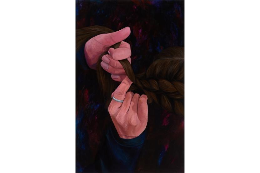 Œuvre de Jessica Winters intitulée Hair Braiding Booth, 2022. Acrylique sur papier.