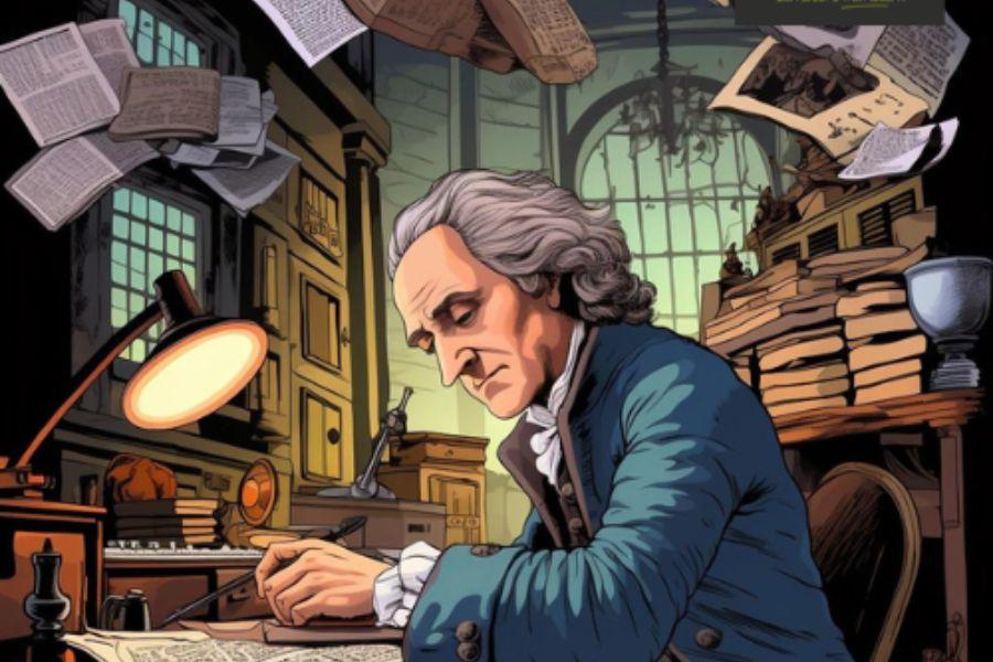 An illustration of a man sitting down at a desk and writing. 