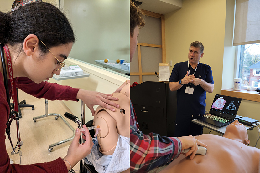 Un étudiant administre une injection à un mannequin tandis qu'un autre étudiant réalise une échographie sur un mannequin.