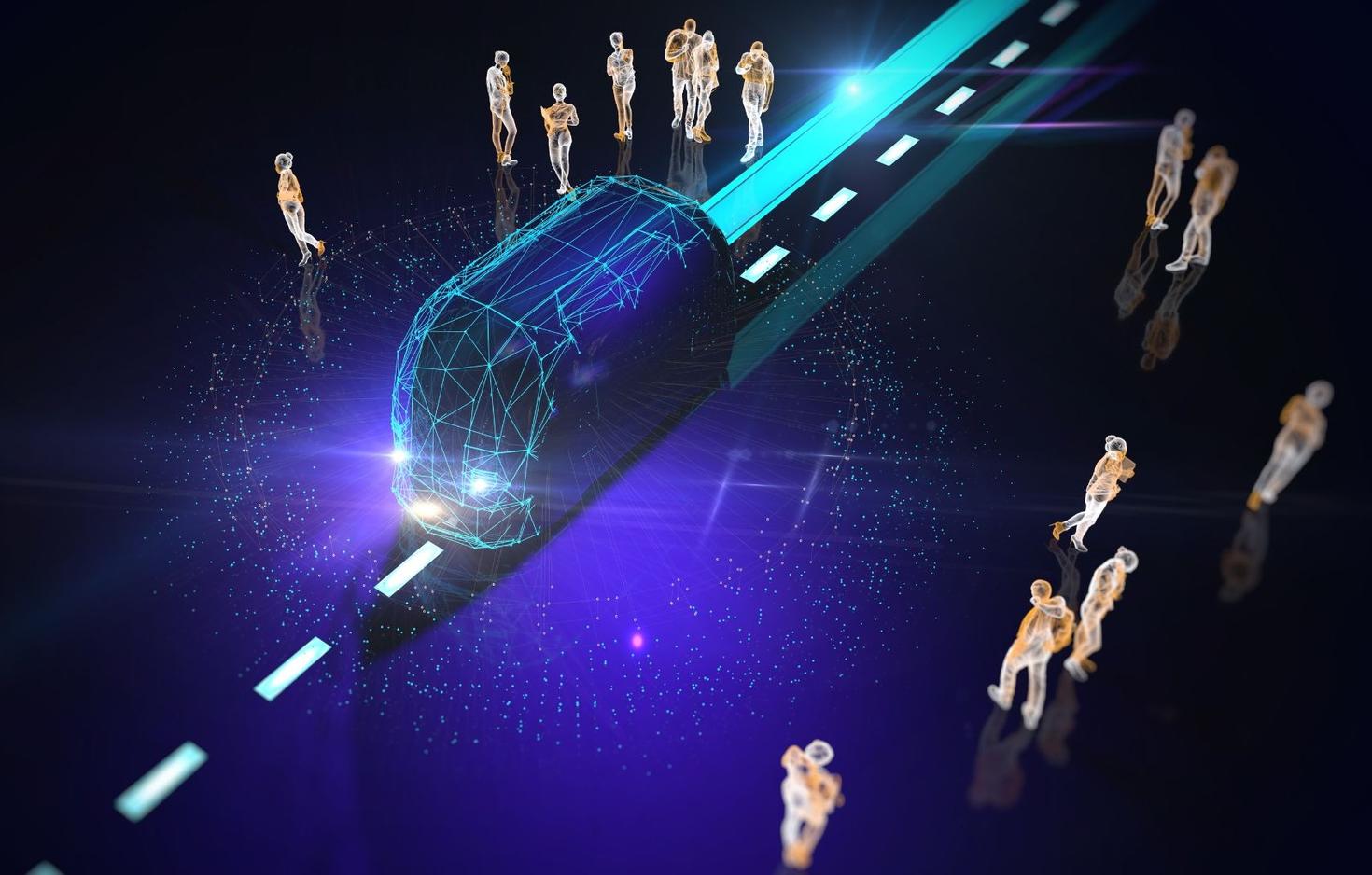 Futuristic illustration of an autonomous shuttle following a track.