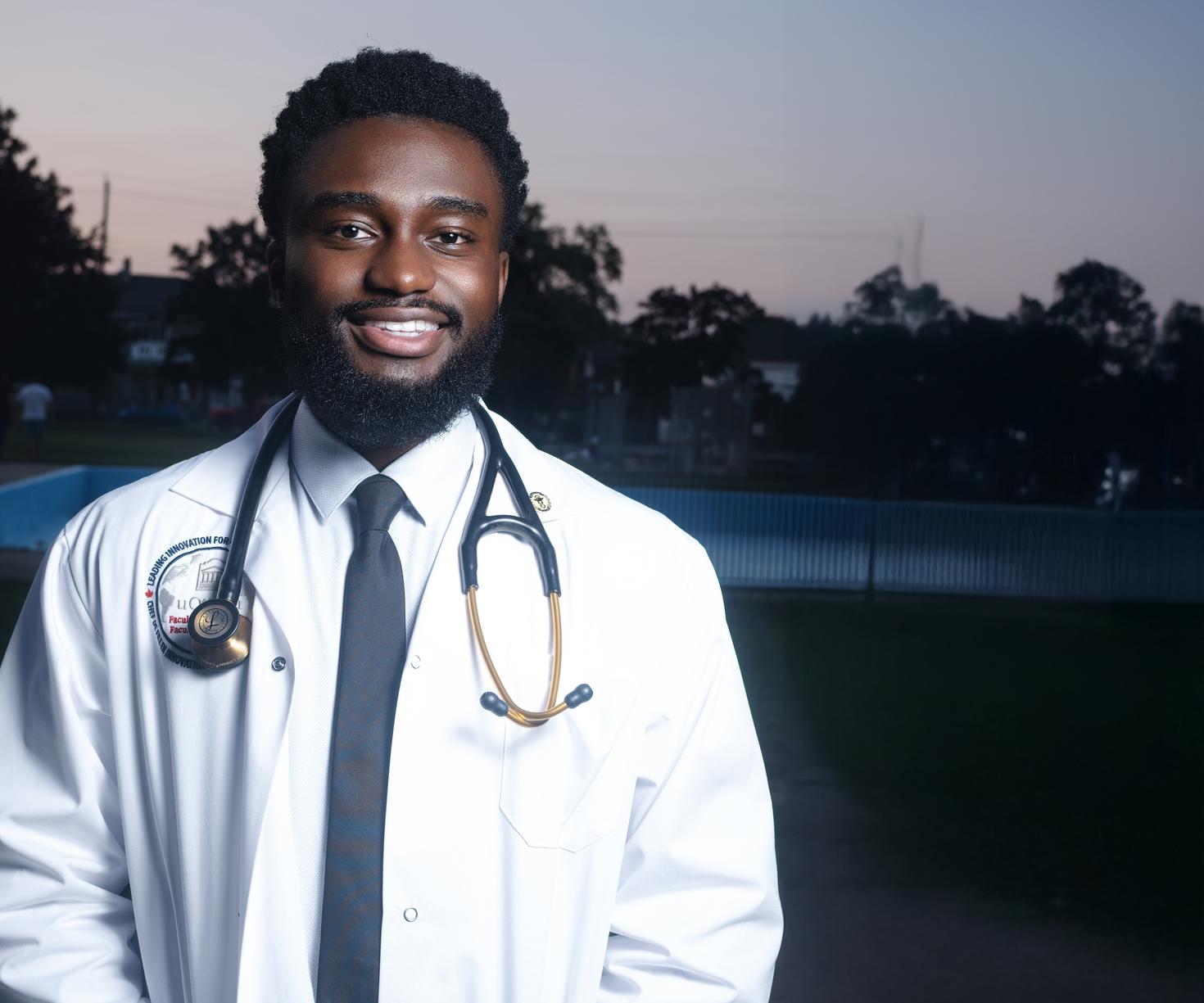 Un étudiant en médecine en blouse de laboratoire avec un stéthoscope.