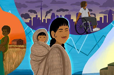 Painting of people living in different settings across Canada