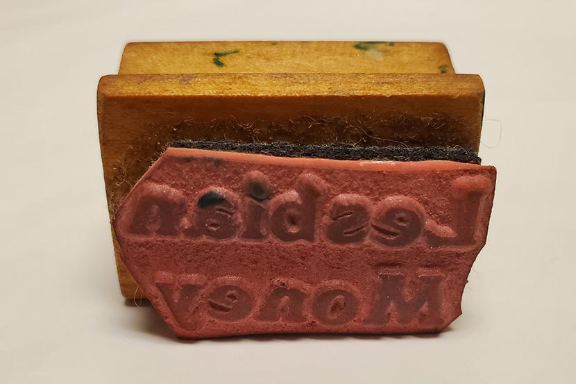 Lesbian Money, Wood and Rubber Stamp, Sister Vision Press fonds, 10-173-S8-I4