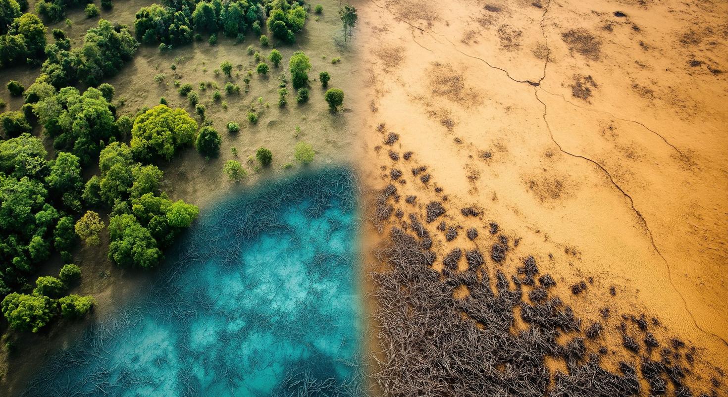 Vue aérienne contrastant forêt verdoyante et terre aride, illustrant le changement climatique.