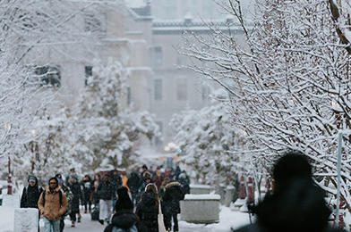 Des étudiantes et des étudiants déambulent sur le campus de l’Université d’Ottawa par une journée d’hiver.