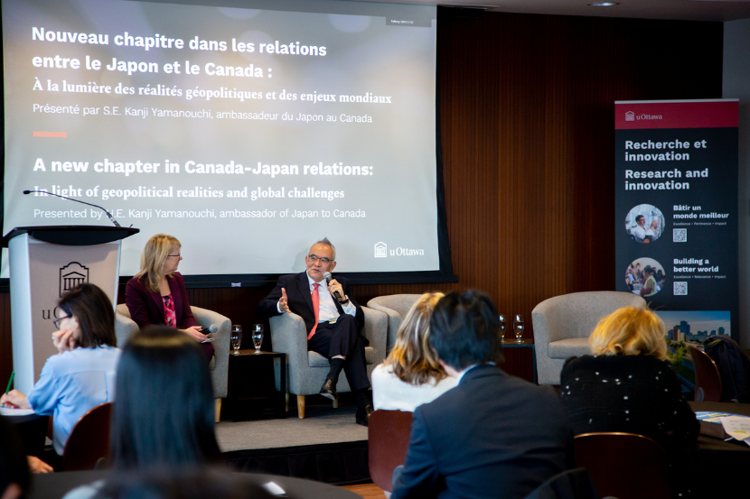 Ambassador Kanji Yamanouchi and uOttawa's Martine Lagacé on stage during a Q&A