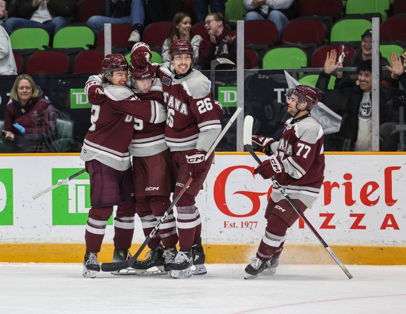 Four players celebrate scoring a goal.