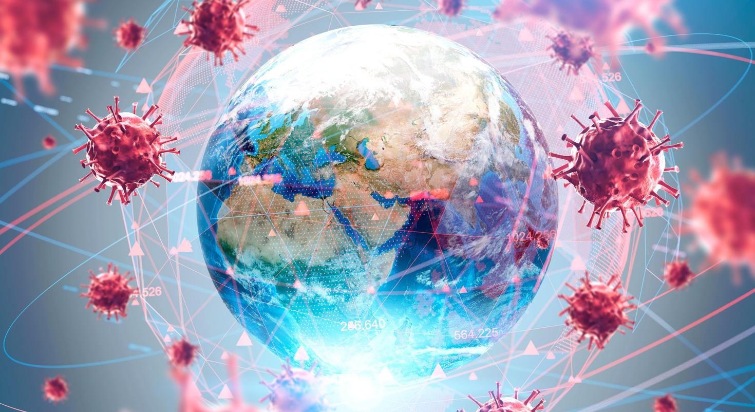Illustration de la Terre entourée de virus de la COVID-19 et de lignes numériques