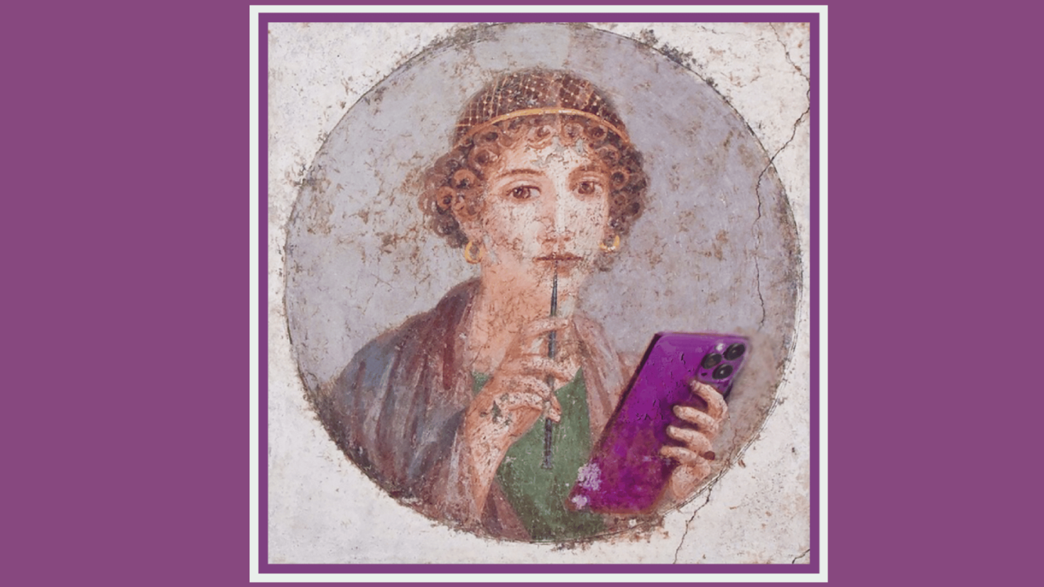 Ancienne tuile fissurée représentant une femme grecque tenant un ipad et un stylet, l'air pensif.