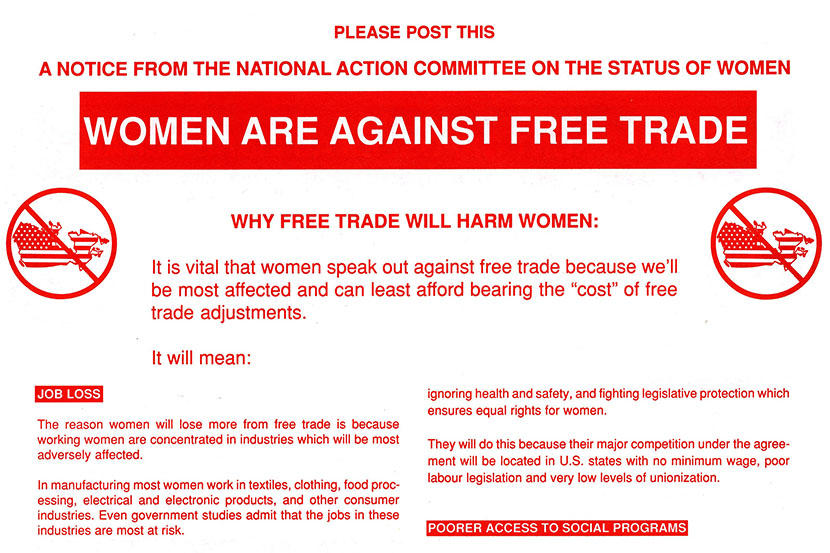 Affiche, Comité canadien d'action sur le statut de la femme, « Les femmes sont contre le libre-échange »