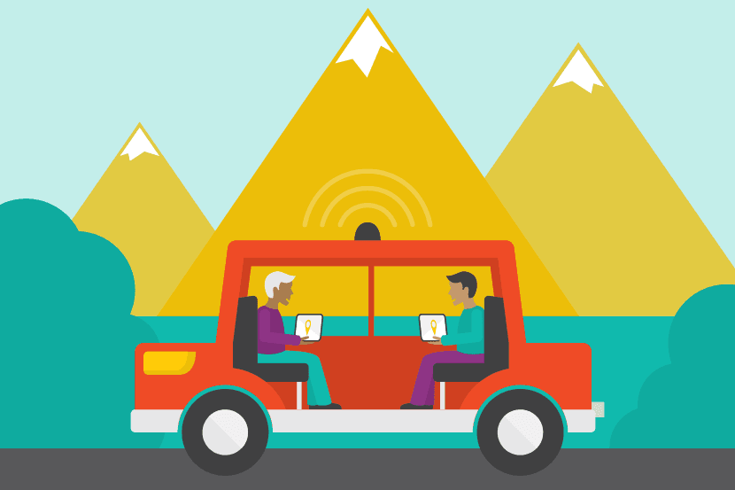 Illustration digitale d’un voiture sans conducteur avec 2 passagers à bord.of a driverless car with 2 passengers on board.