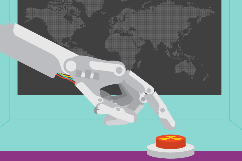 Illustration digitale d’une main de robot qui s’apprête à appuyer sur un bouton portant le symbole nucléaire.