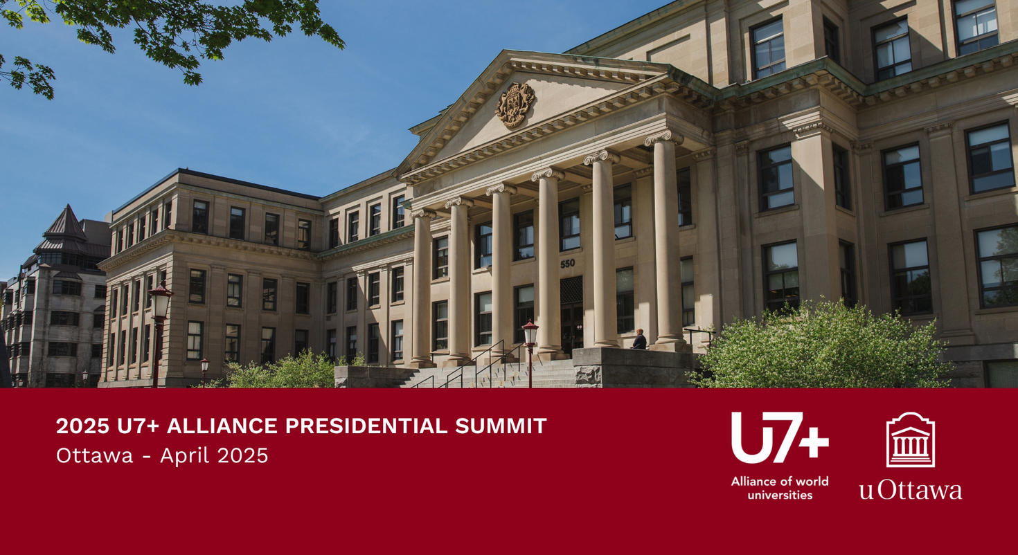 Photo of Tabaret Hall, University of Ottawa, with a banner showing the logos of the U7+ Alliance and the University of Ottawa and the date of the U7+ Summit (April 2025) and the location (Ottawa).