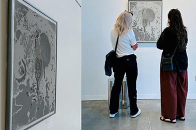 À gauche : œuvre d'art créée exposée aux Jardins de Métis (du 20 août au 18 octobre 2023). À droite : exposition publique de l'œuvre d'art.