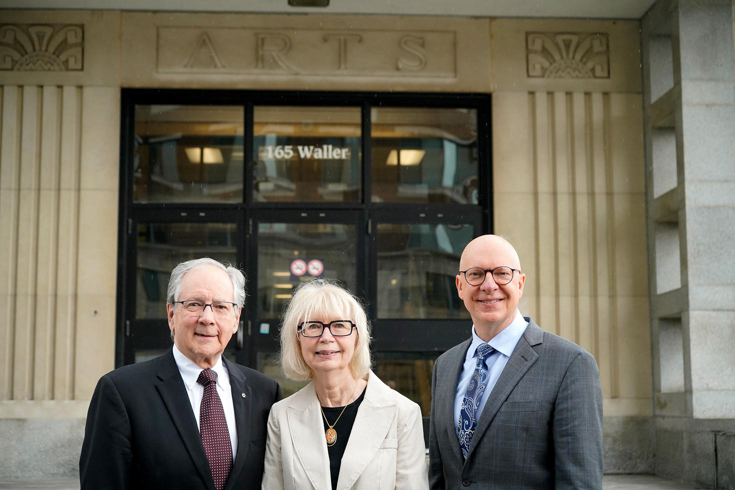 Gilles Patry, Ruby Heap, and Dean Kevin Kee in front of the Faculty of Arts building