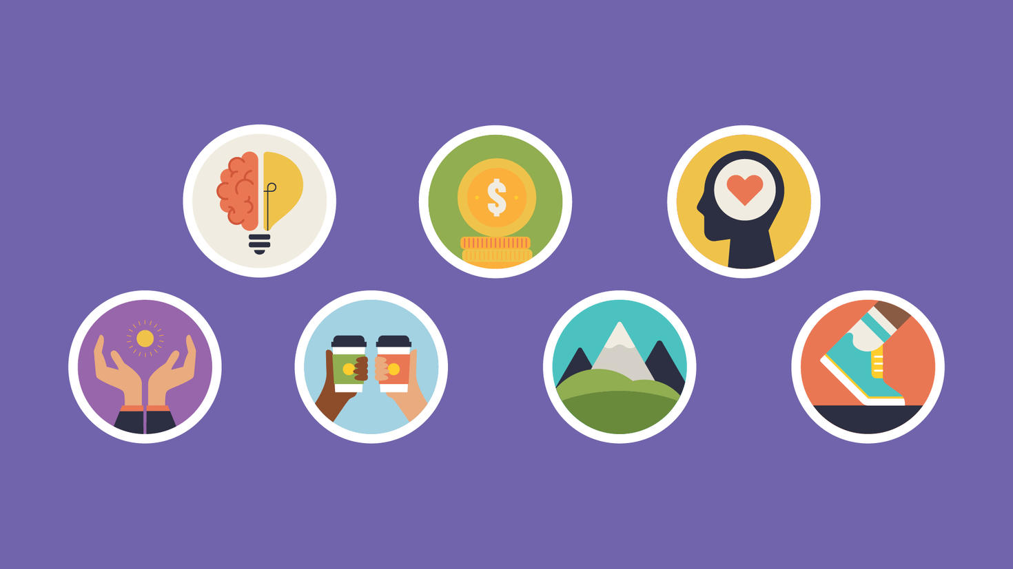 Un graphique d'icônes représentant un cerveau dans un cœur, des mains avec le soleil et d'autres symboles de bien-être. 