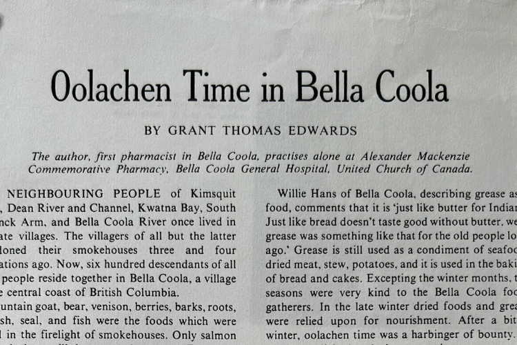 Page couverture du journal Oolachen Time à Bella Coola