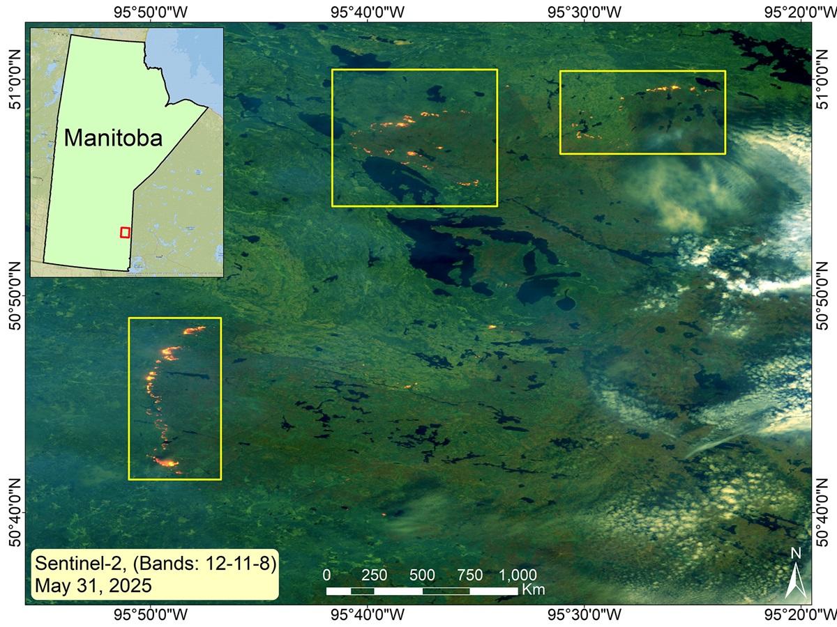 Satellite map (May 31, 2025) which shows active wildfire fronts in eastern Manitoba