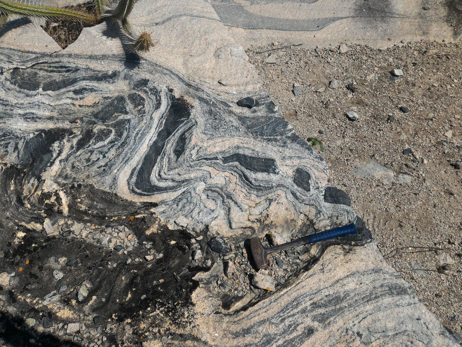 Close-up of a 3.4-billion-year-old rock outcrop in northeastern Brazil, showing the distinct swirling layers and varied coloration. A geology hammer provides scale. The textures and patterns offer insight into the geological processes that shaped this ancient landscape.
