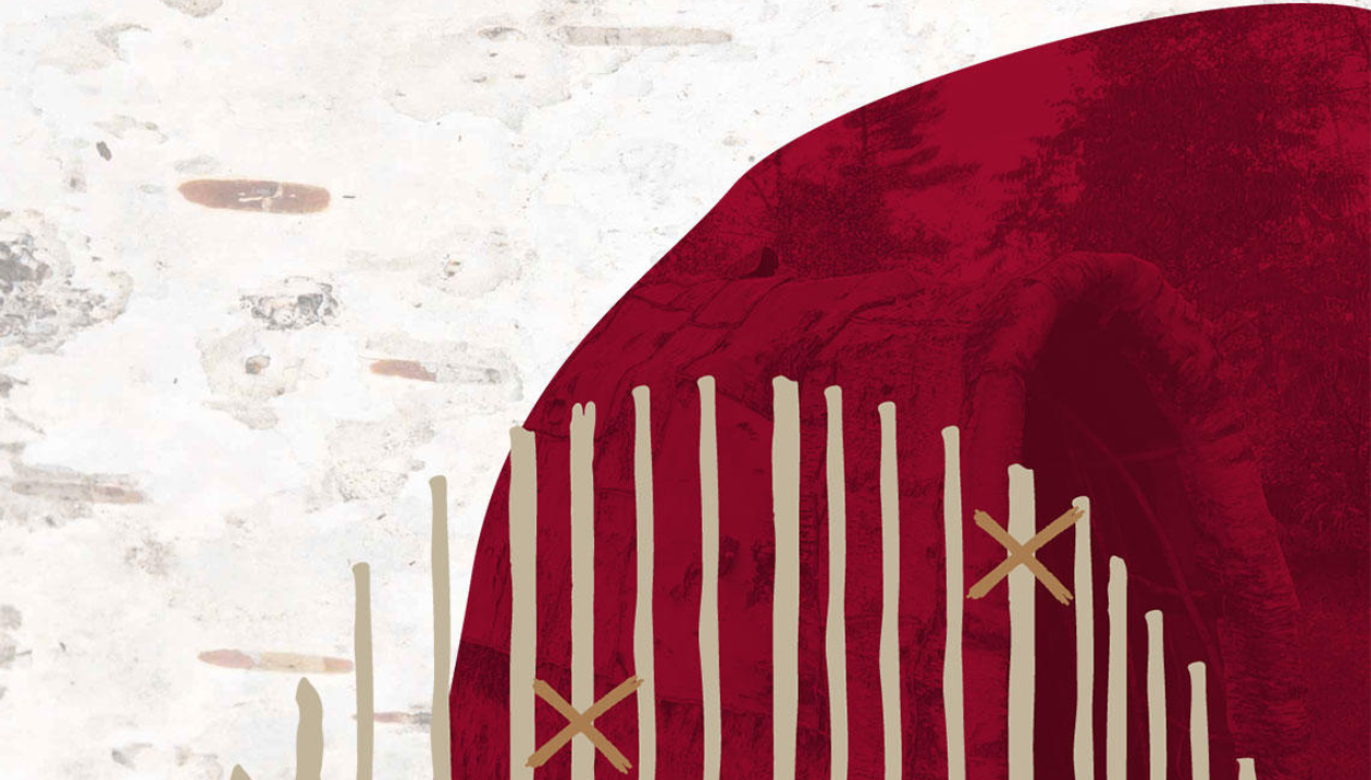 Hoop 4 of the “Indigenous Action Plan 2025–2030”. Illustration of a traditional Indigenous structure on a red background, overlaid with beige vertical lines and crosses.