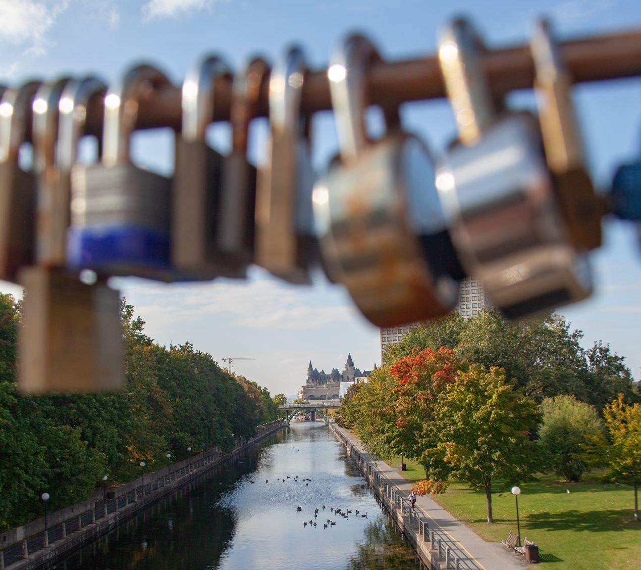 Padlocks on a railing of the Corktown Footbridge above the Rideau Canal.