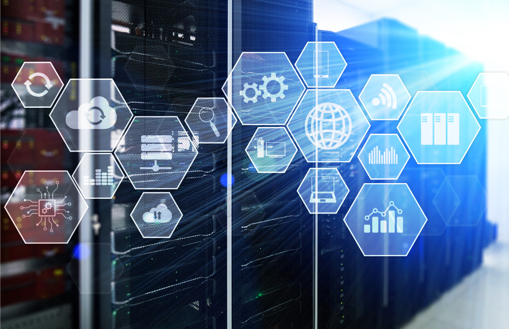 Rows of computer servers in a data center are overlaid with digital icons representing cloud computing, networking, and data analytics.