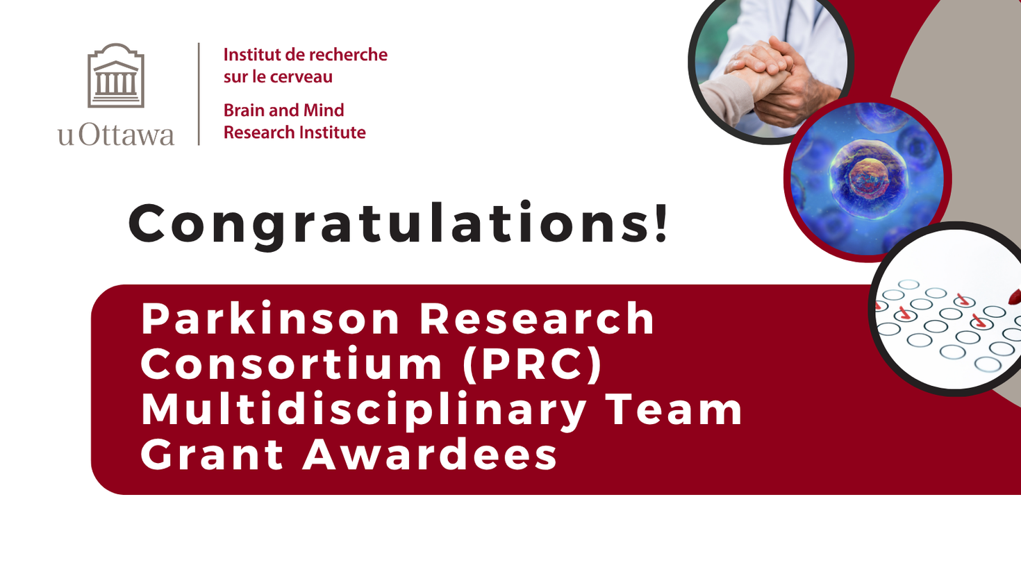 The graphic reads "Congratulations! Parkinson Research Consortium (PRC) Multidisciplinary Team Grant Awardees."
