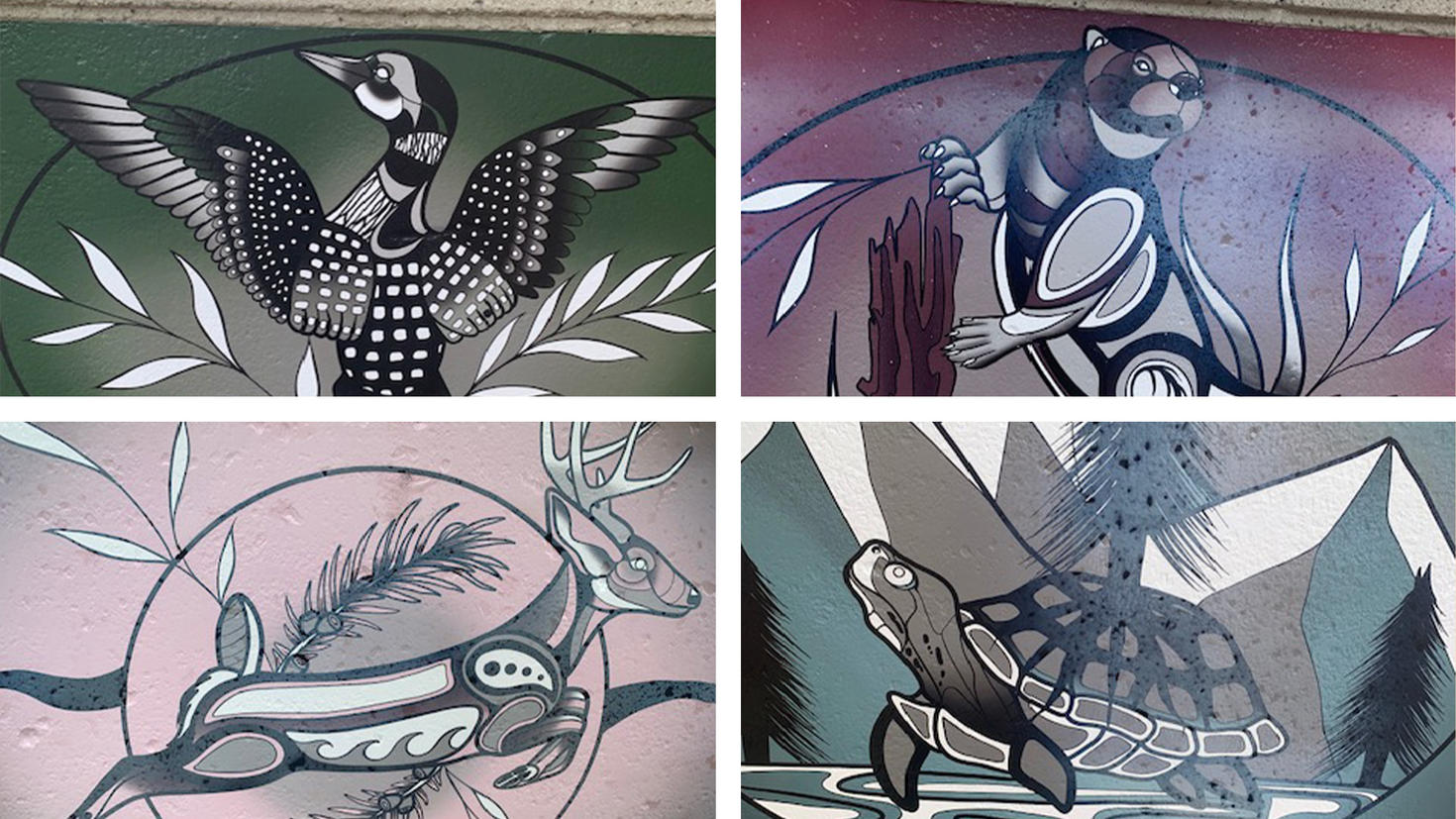 Four Indigenous artworks by Terry Dactel on planters at the University of Ottawa depicting a loon, a beaver, a deer and a turtle.