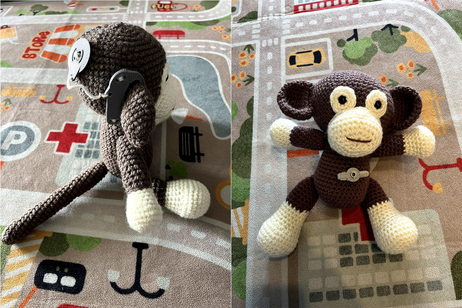 a crocheted monkey with a cochlear implant beside one with a stoma.