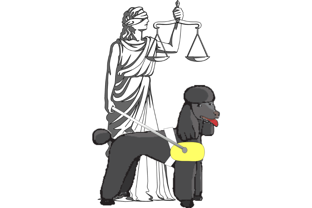 statue of lady justice, holding the leash of a guide dog