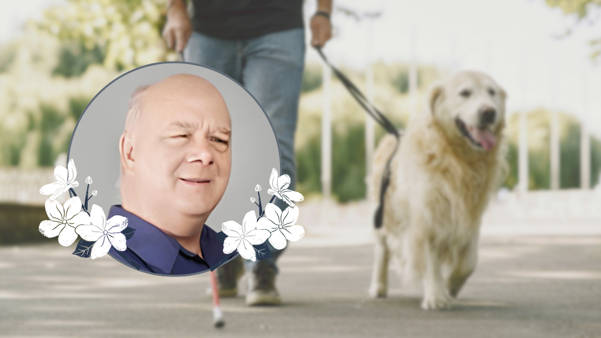 Terrance Green inset, with white flowers. A person holding a leash and a white cane in the background