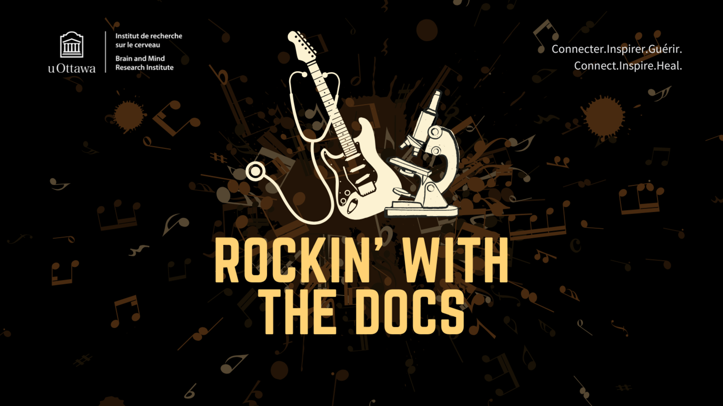 Rockin' with the docs heading. Graphic of a stethoscope, guitar, and microscope in the middle.