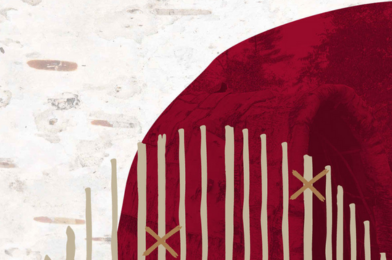 Hoop 4 of the “Indigenous Action Plan 2025–2030”. Illustration of a traditional Indigenous structure on a red background, overlaid with beige vertical lines and crosses.