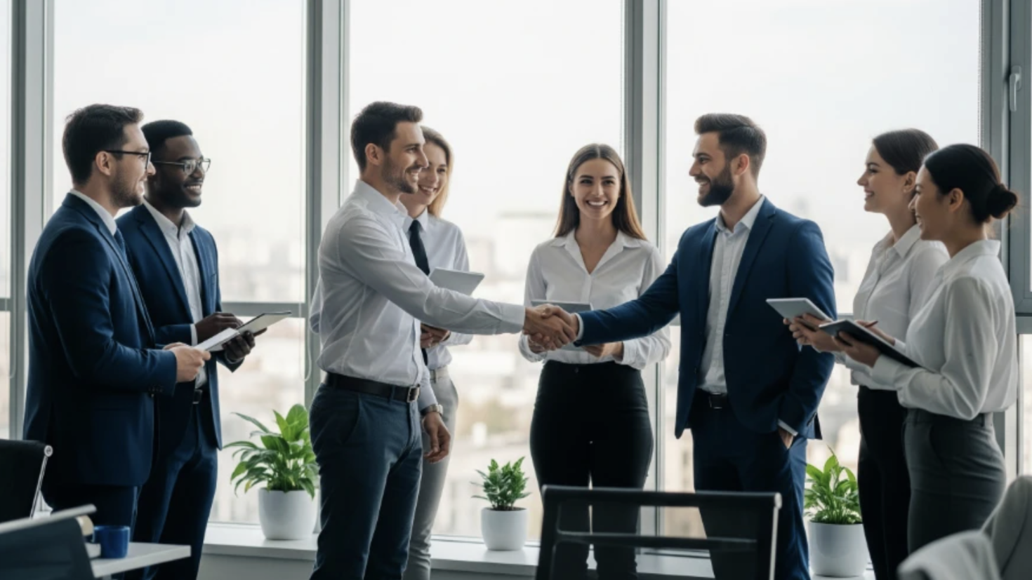 A group of professionals are gathered in an office building. Two men shake hands.