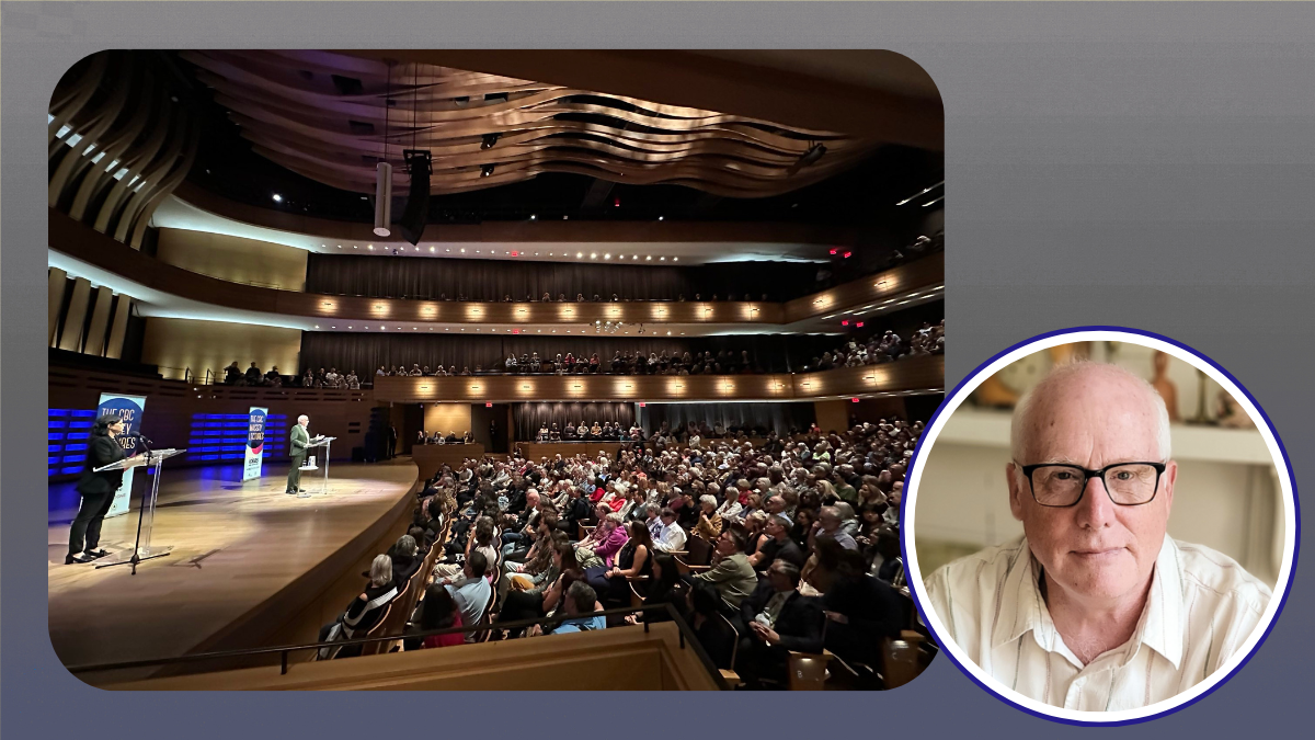 A seated audience in a large auditorium. Inset: Alex Neve