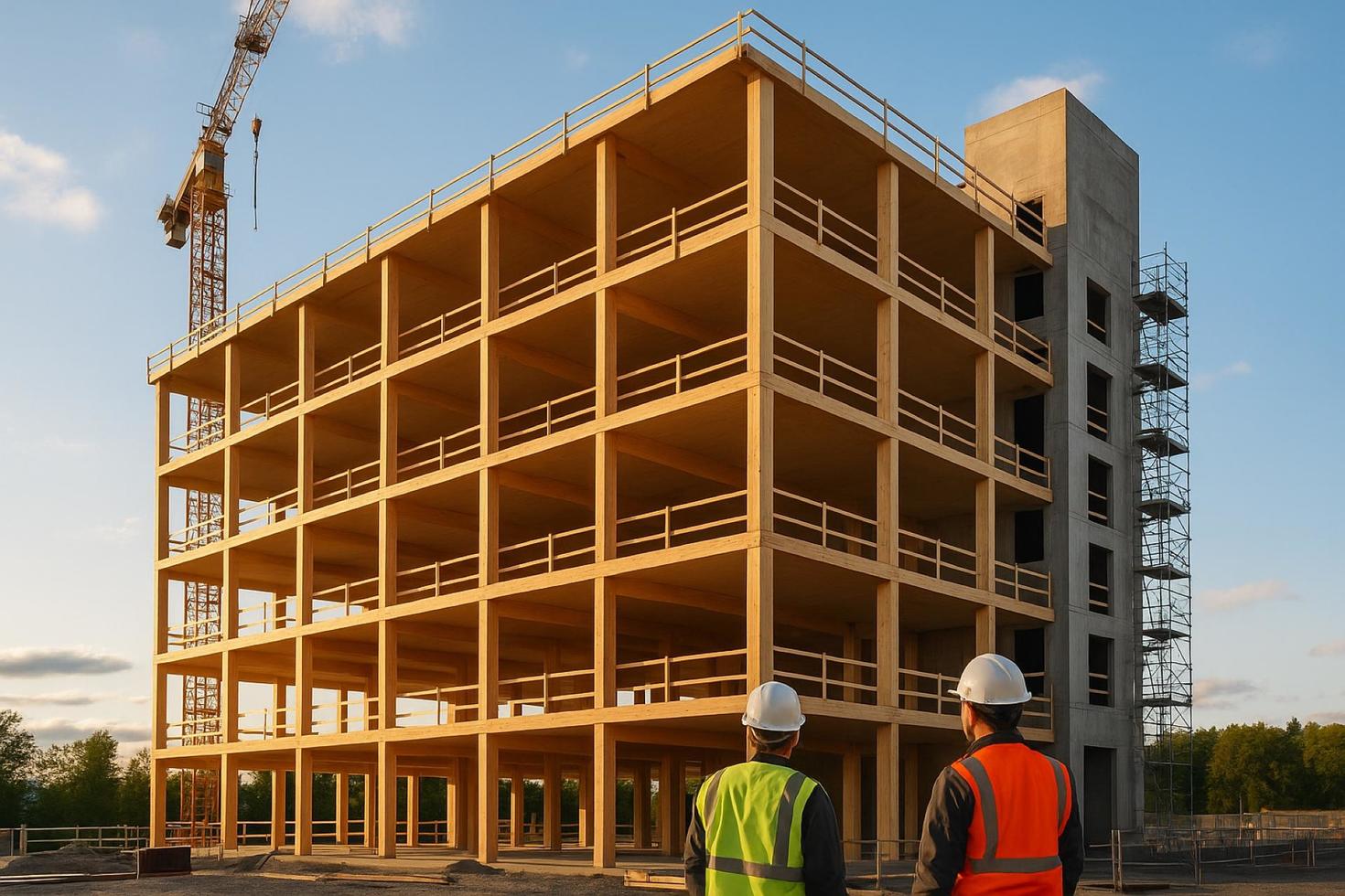 Two construction workers in front of a building.