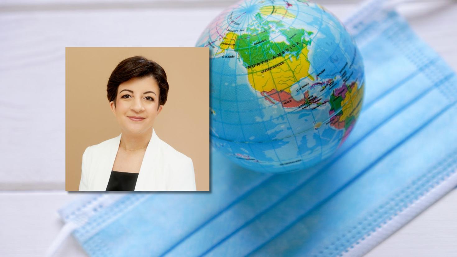 Professor Roojin Habibi inset; globe and medical face mask in the background