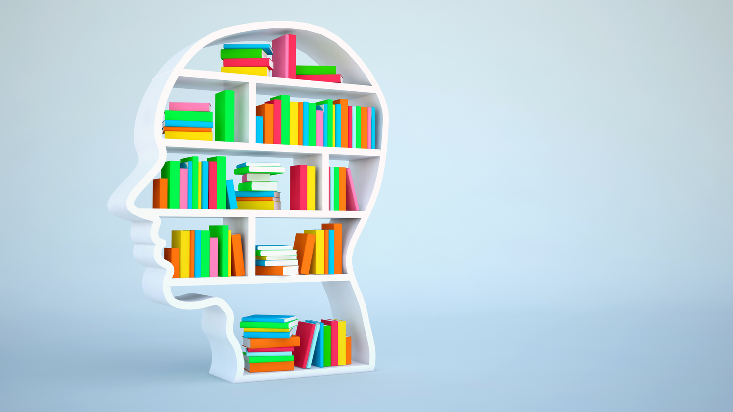 Head profile with brain full of books