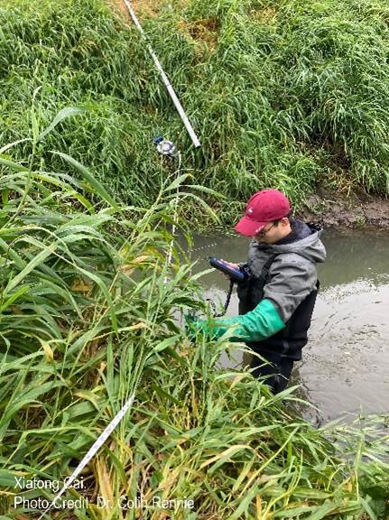 University of Ottawa / Nord University Cotutelle PhD Candidate Xiatong Cai doing field research in a river.